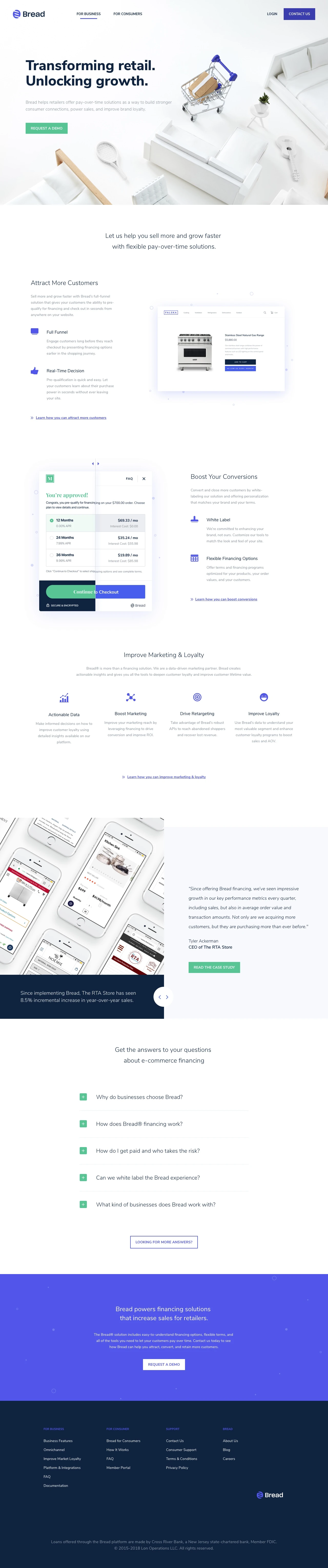 Bread Landing Page Example: Bread helps retailers offer pay-over-time solutions as a way to build stronger consumer connections, power sales, and improve brand loyalty.