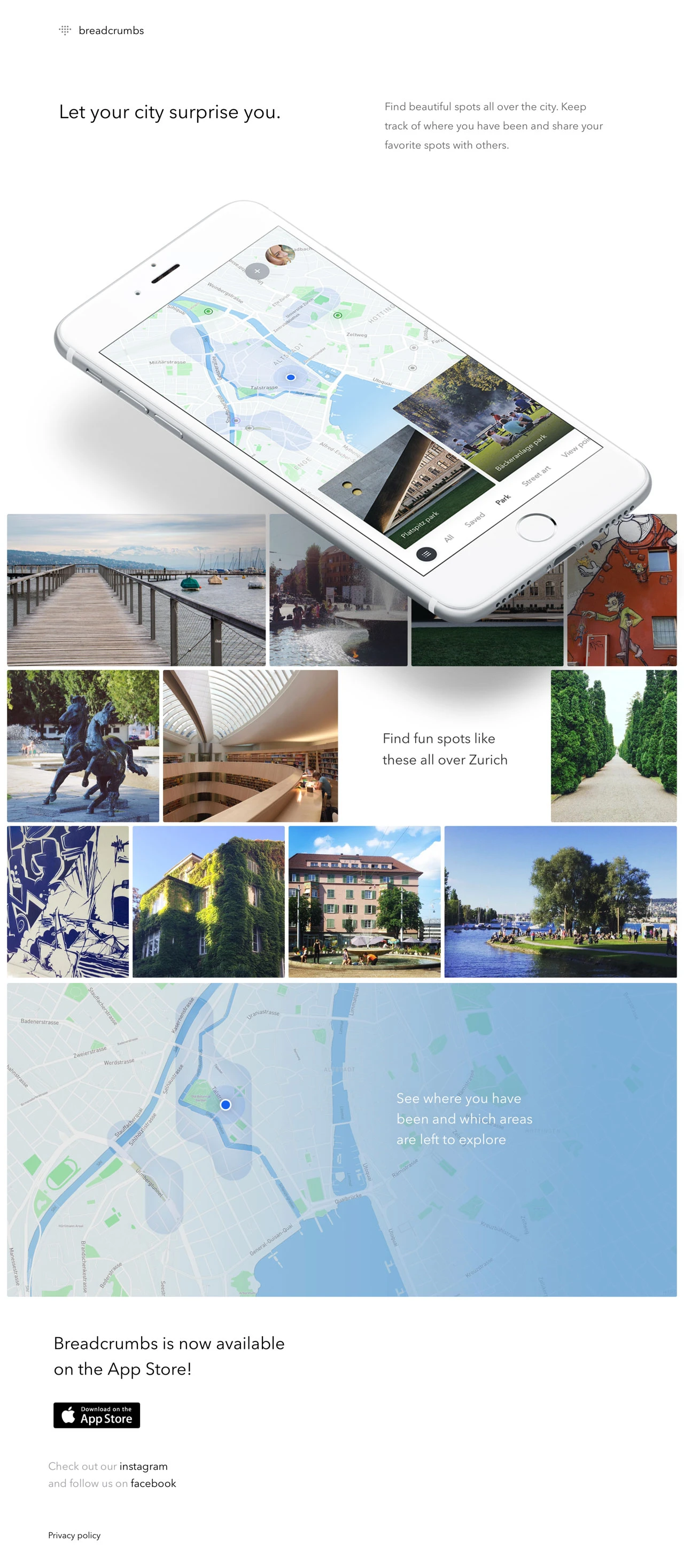 Breadcrumbs Landing Page Example: Find beautiful spots all over the city. Keep track of where you have been and share your favorite spots with others.