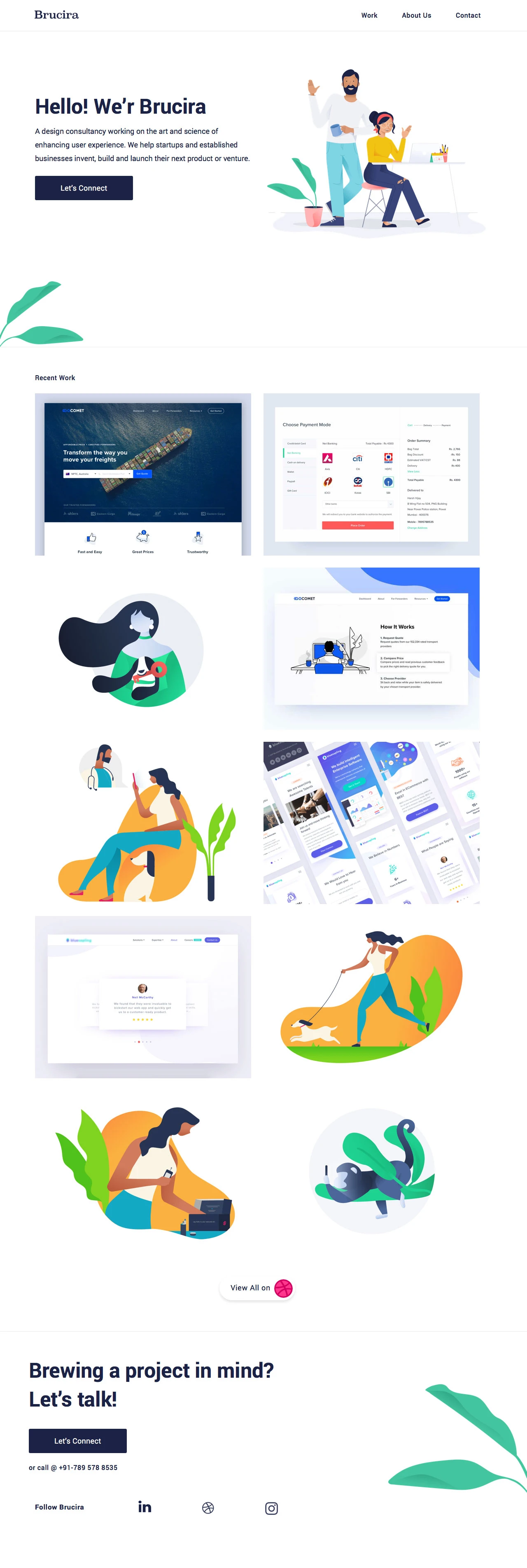 Brucira Landing Page Example: A design consultancy working on the art and science of enhancing user experience. We help startups and established businesses invent, build and launch their next product or venture.