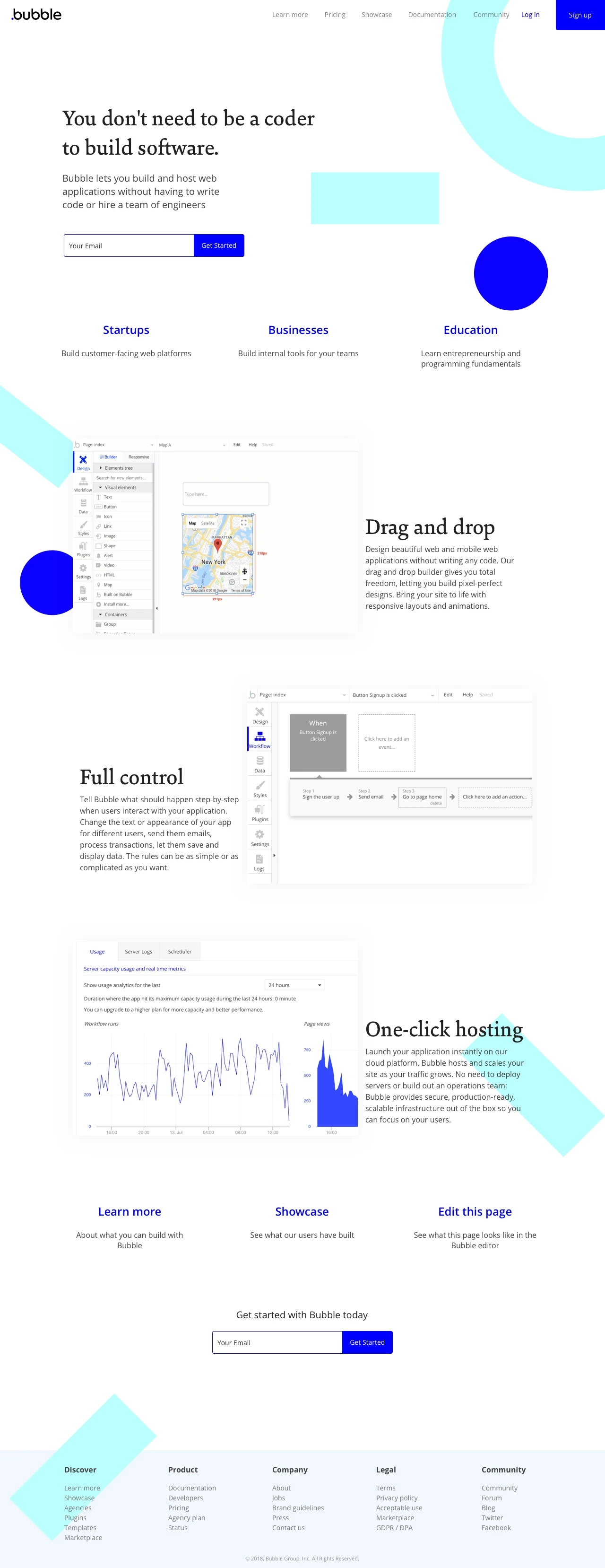 Bubble Landing Page Example: Bubble introduces a new way to build a web application. It’s a point-and-click programming tool, entirely without code. Bubble hosts all applications on its cloud platform.