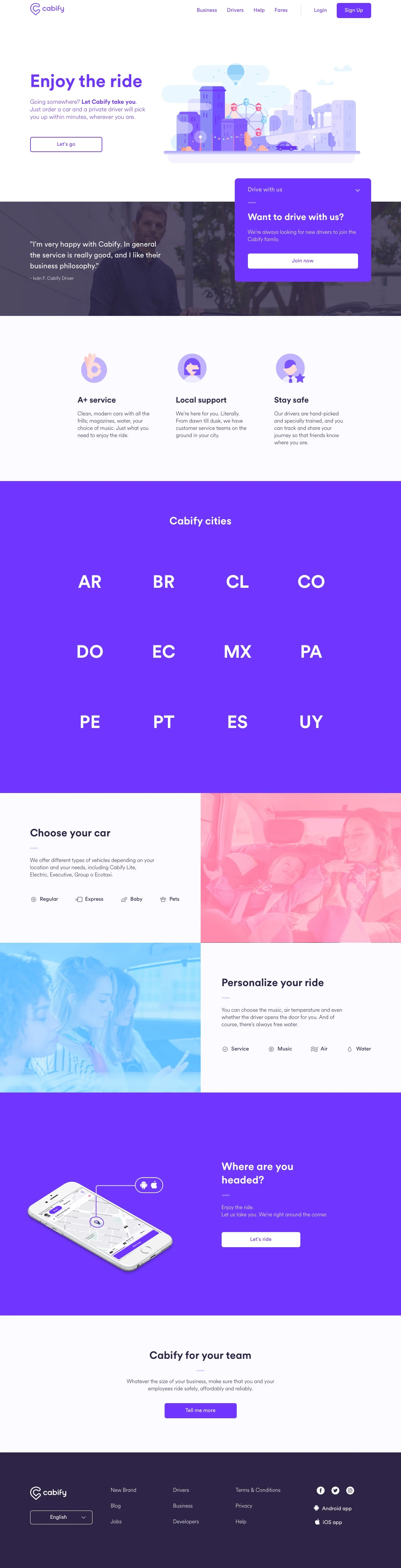 Cabify Landing Page Example: Moving people more safely, efficiently and thoughtfully.