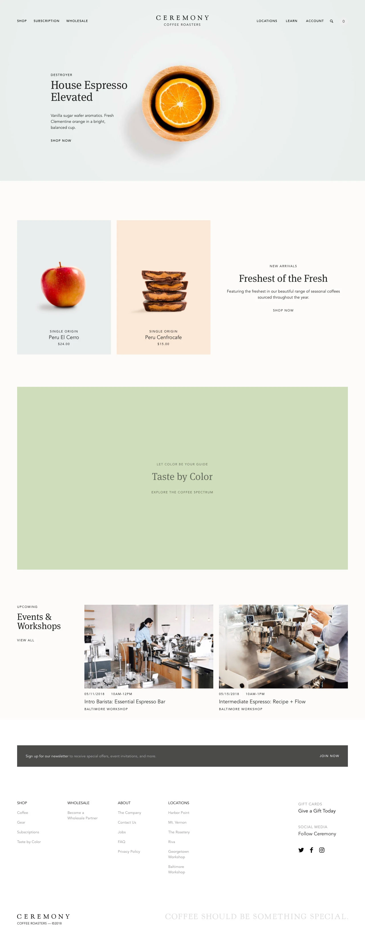 Ceremony Coffee Roasters Landing Page Example: Welcome to Ceremony. Shop exciting new single origins and blends, find a cafe near you, and learn more about brewing speciality coffee.