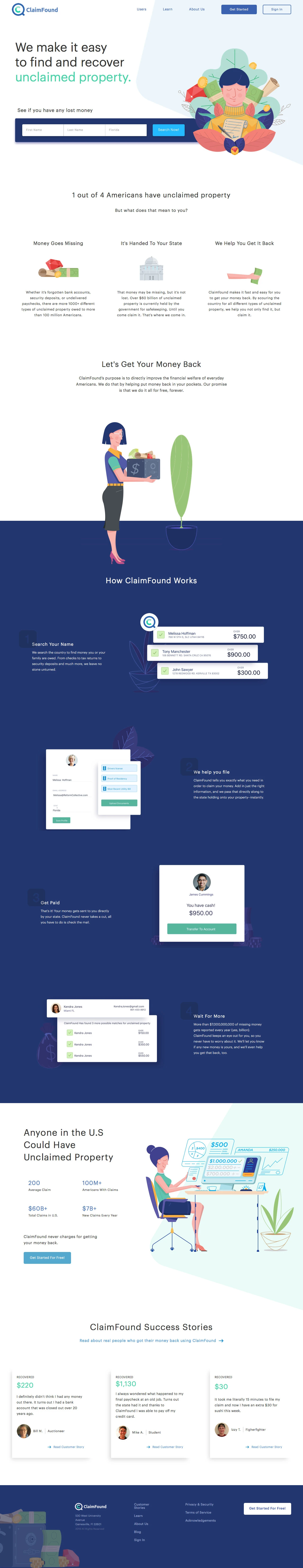 ClaimFound Landing Page Example: We make it easy to find and recover unclaimed property.