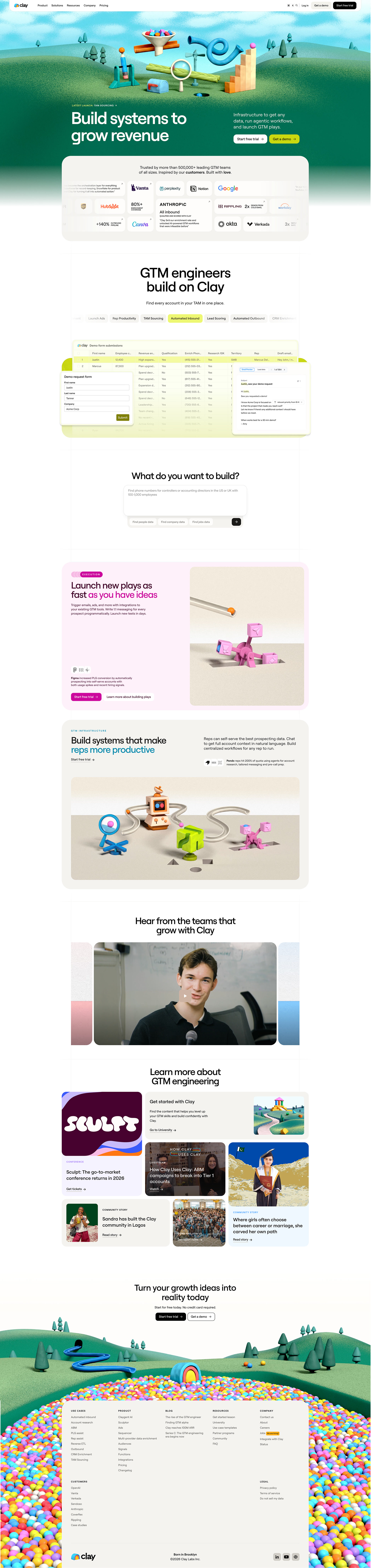 Clay | Build systems to grow revenue Landing Page Example: Infrastructure to get any data, run agentic workflows, and launch GTM plays.