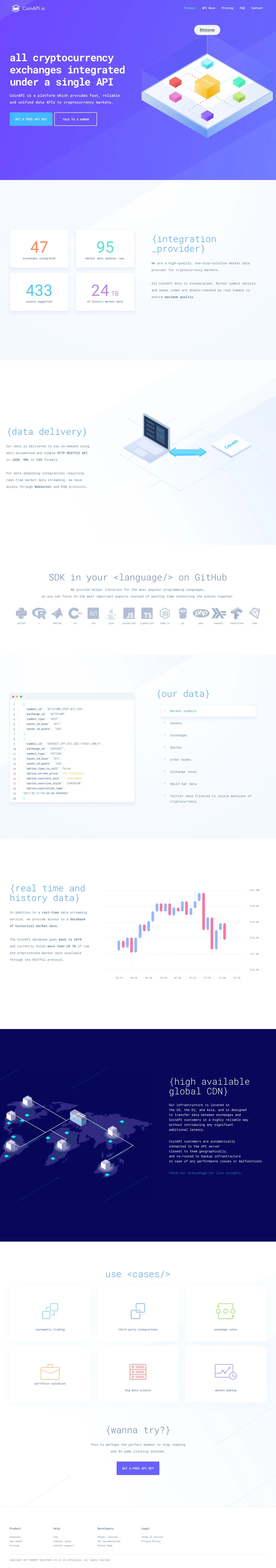 CoinAPI Landing Page Example: CoinAPI is a platform which provides fast, reliable and unified data APIs to cryptocurrency markets.