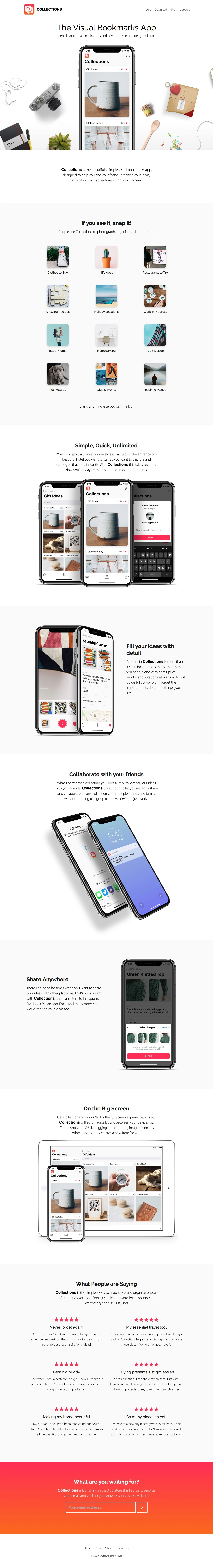 Collections for iPhone Landing Page Example: Keep all your ideas, inspirations and adventures in one delightful place