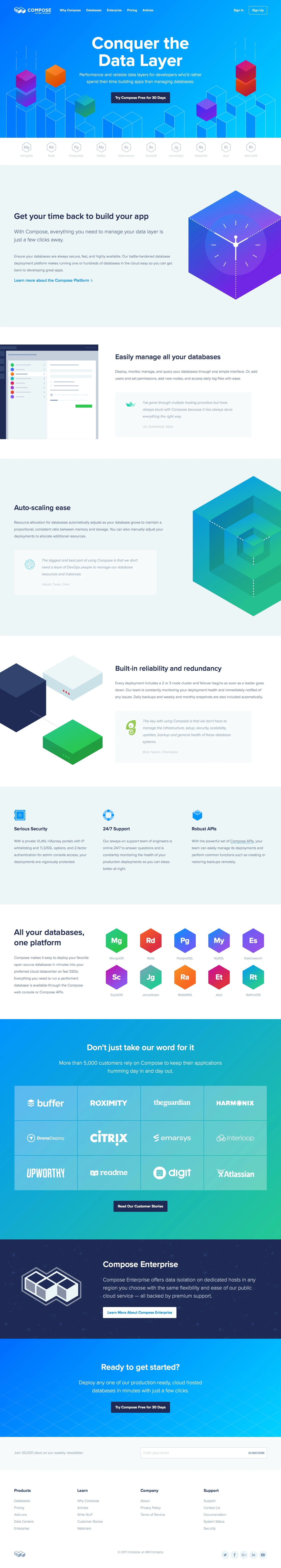 Compose Landing Page Example: Cloud hosted, fully managed databases. Deploy MongoDB, Elasticsearch, Redis, PostgreSQL and other databases in minutes to AWS, GCP and IBM Cloud.