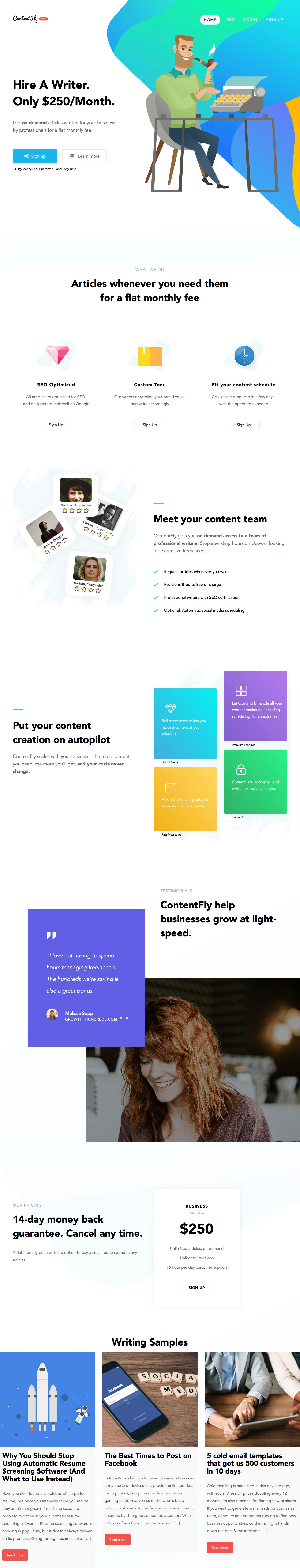 ContentFly Landing Page Example: Get on demand articles written for your business by professionals for a flat monthly fee.