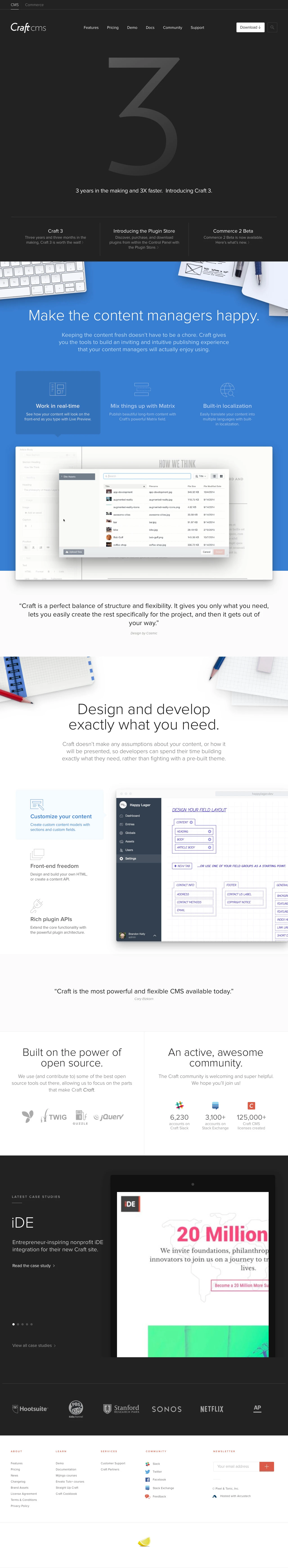 Craft CMS Landing Page Example: Craft CMS is a focused content management system for developers, designers, and web professionals that blends flexibility, power, and ease of use for clients.