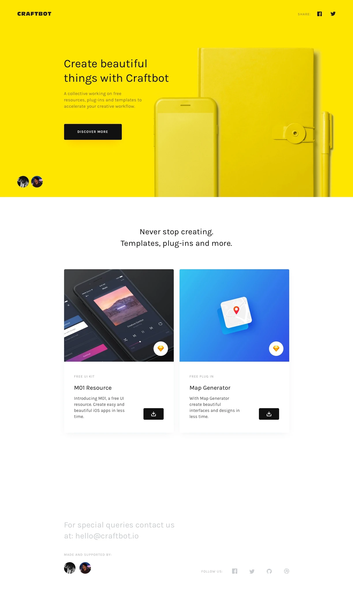 Craftbot Landing Page Example: A collective working on free resources, plug-ins and templates to accelerate your creative workflow.
