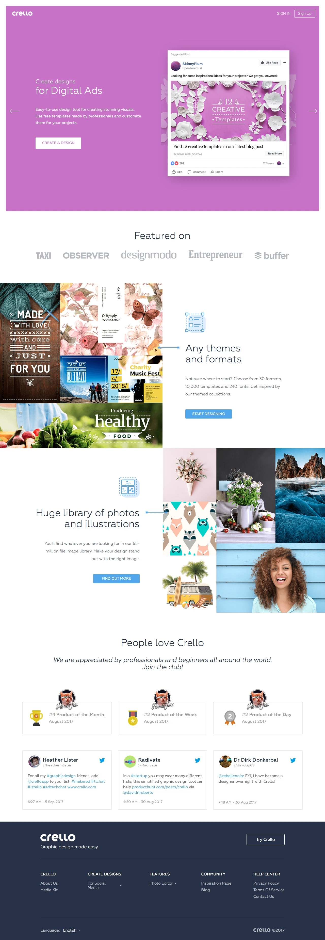 Crello Landing Page Example: The simplest online image editor. Create your own designs — posts, covers, graphics, and posters using the best software on the web. It's easy!
