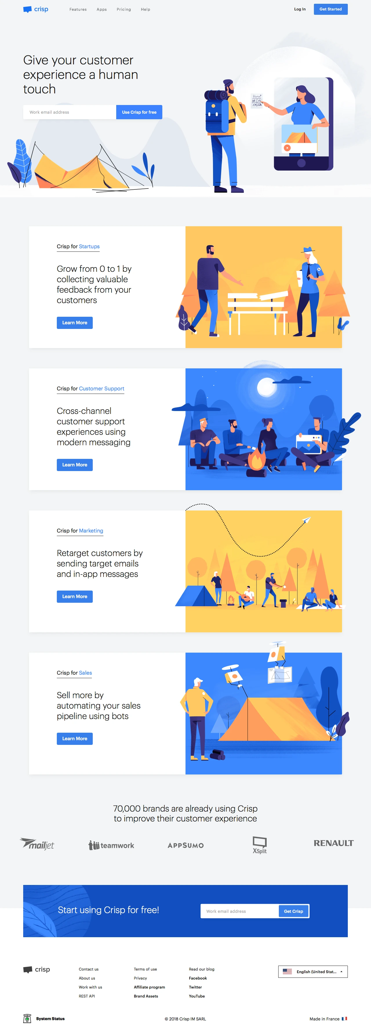 Crisp Landing Page Example: Crisp is the best way to chat with your website visitors. Add it on your website in 2 minutes and start increasing your sales!