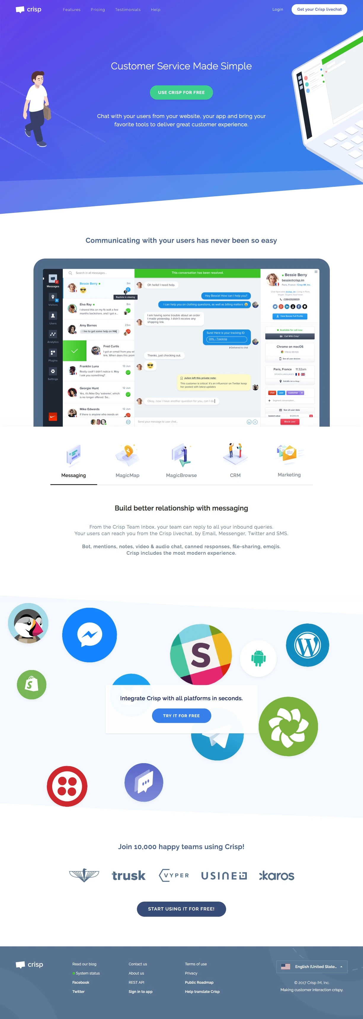 Crisp IM Landing Page Example: Crisp is the best way to chat with your website visitors.