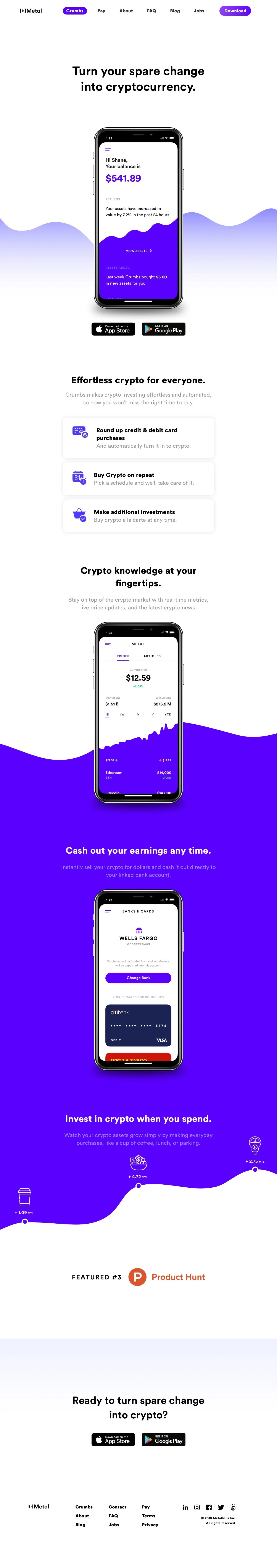 Crumbs Landing Page Example: Crumbs is the latest crypto app that lets you invest your spare change into your chosen cryptocurrency wallet. Create your own crypto wallet from an extensive list of digital currency.