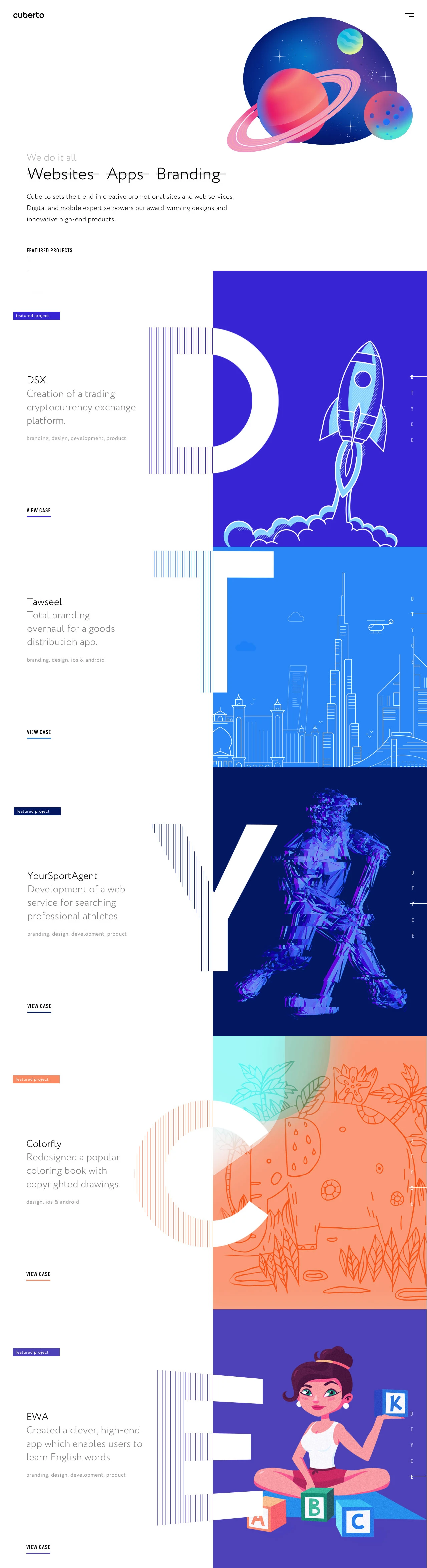 Cuberto Landing Page Example: A digital agency focused on UI/UX design and development of mobile apps and websites.