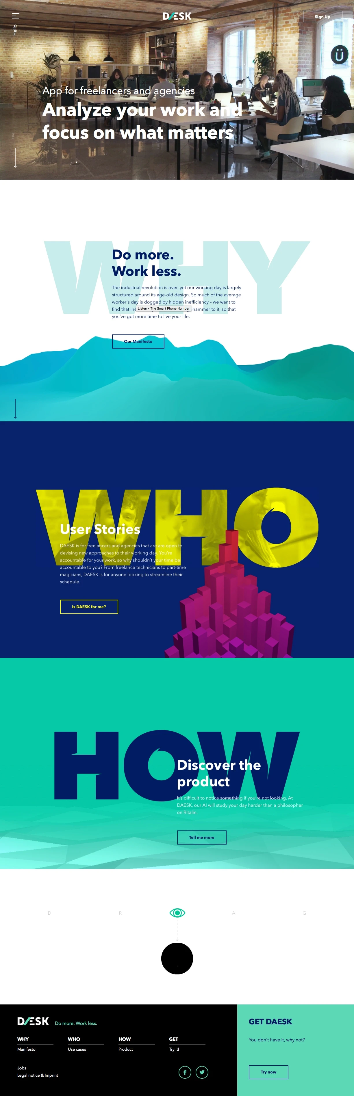 DAESK Landing Page Example: DAESK uses A.I. to analyze your work and give you meaningful insights about your daily activities, so you can focus on what matters.