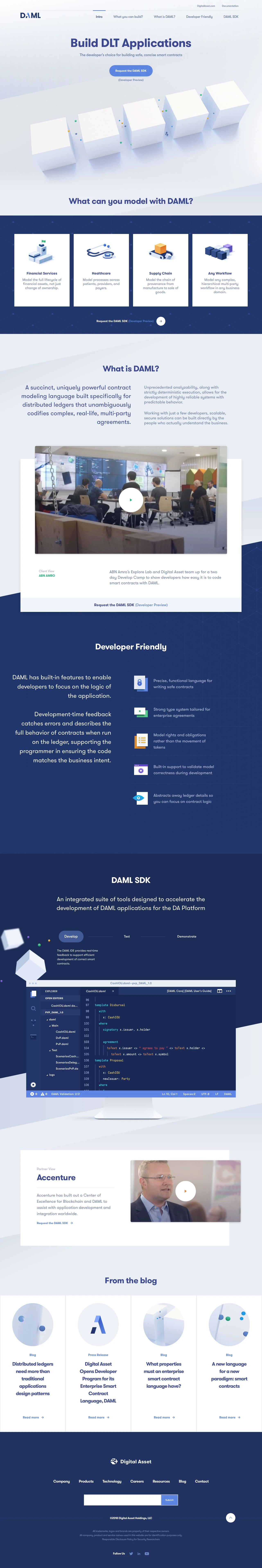 DAML Landing Page Example: Write blockchain applications with DAML. A succinct, uniquely powerful contract modeling language built specifically for distributed ledgers that unambiguously codifies complex, real-life, multi-party agreements.