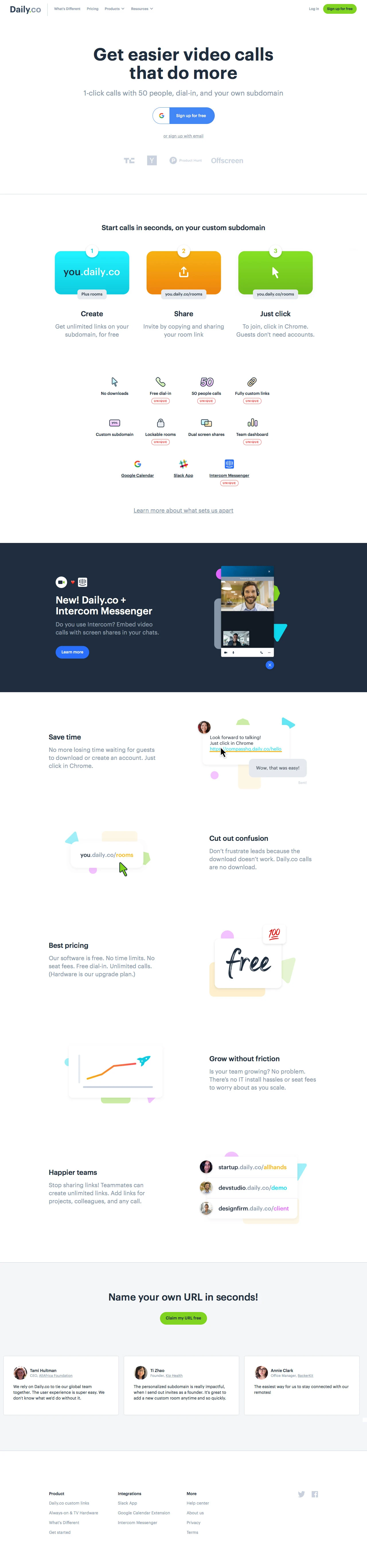 Daily.co Landing Page Example: Free, super easy video calls, on your own custom URL