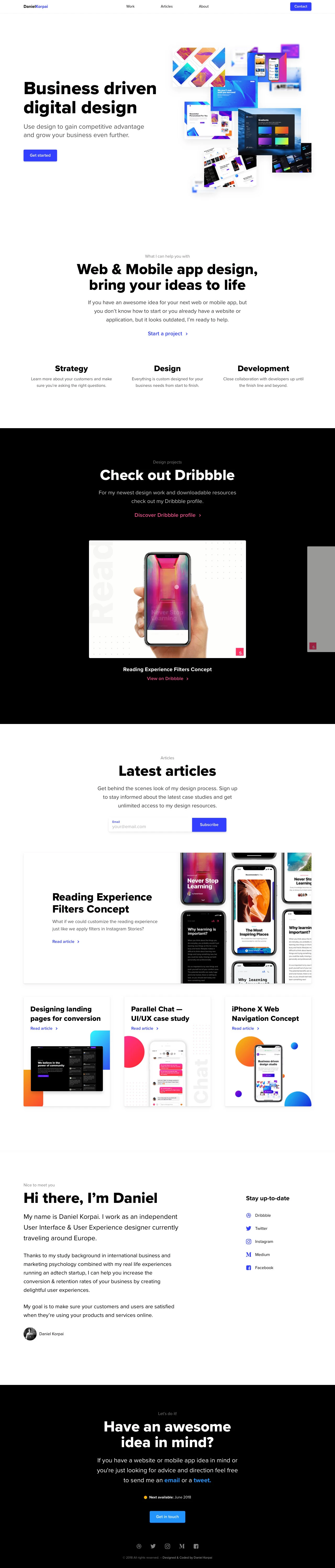 Daniel Korpai Landing Page Example: Use design to gain competitive advantage and grow your business even further. Custom UX/UI Design, Prototyping, Front-end Development and Digital Strategy Consulting.