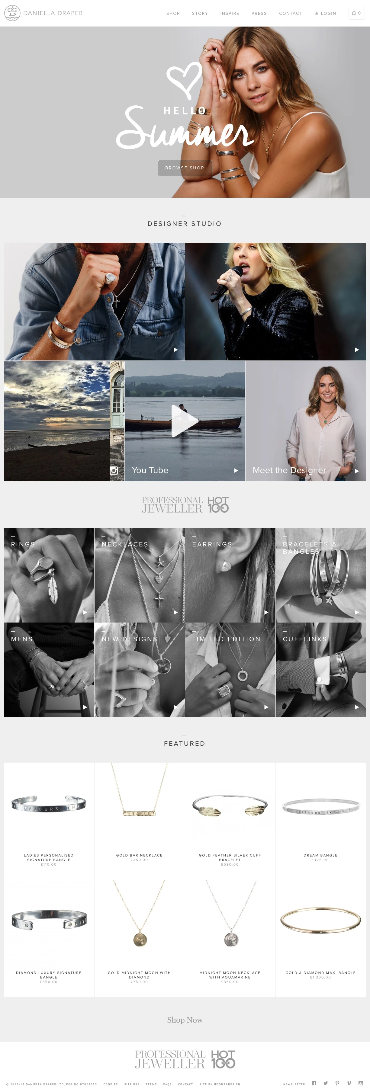 Daniella Draper Landing Page Example: Silver & gold pieces by Daniella Draper British Jewellery Designer. Spoil yourself this summer with a personalised signature bangle to capture your dreams and memories, beautifully engraved with your favourite quote, lyric or memorable date.