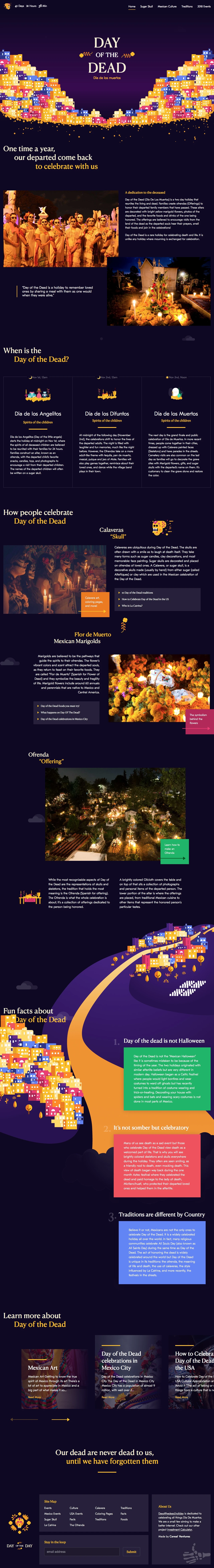 Day of the Dead Landing Page Example: Day of the Dead is a celebratory holiday to remember the dead. Explore the vibrant traditions, tasty dishes, and everything that brings this day to life!