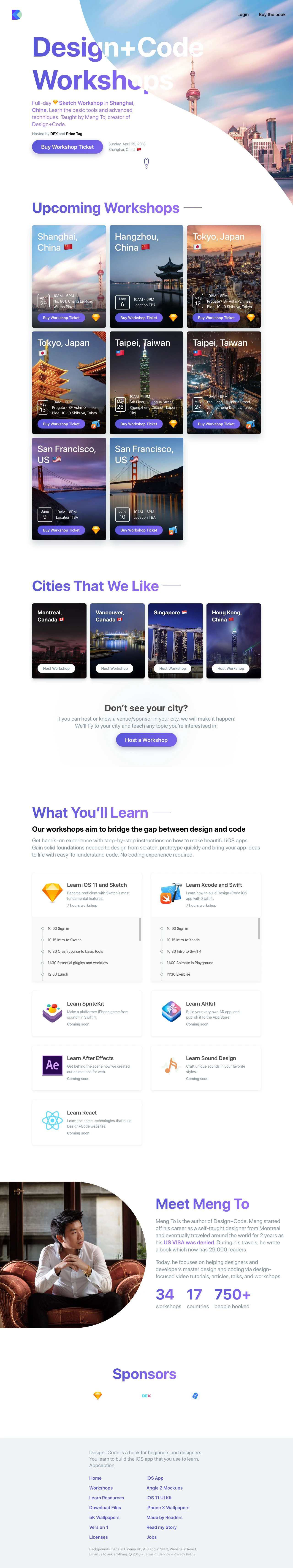 Design+Code Workshops Landing Page Example: Learn the basic tools and advanced techniques. Taught by Meng To, creator of Design+Code.