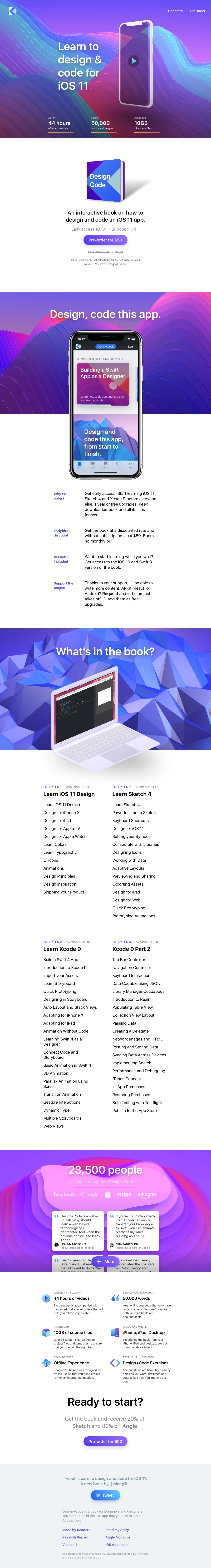 Design+Code Landing Page Example: An interactive book on how to design and code an iOS 11 app.