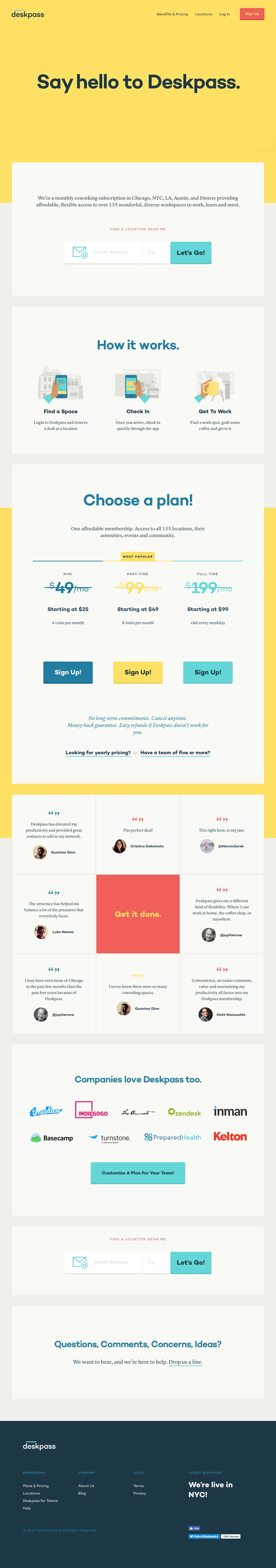 Deskpass Landing Page Example: Deskpass is an affordable coworking monthly membership pass offering access to over 135 of the finest shared workspaces in Chicago, LA, Austin and Denver.
