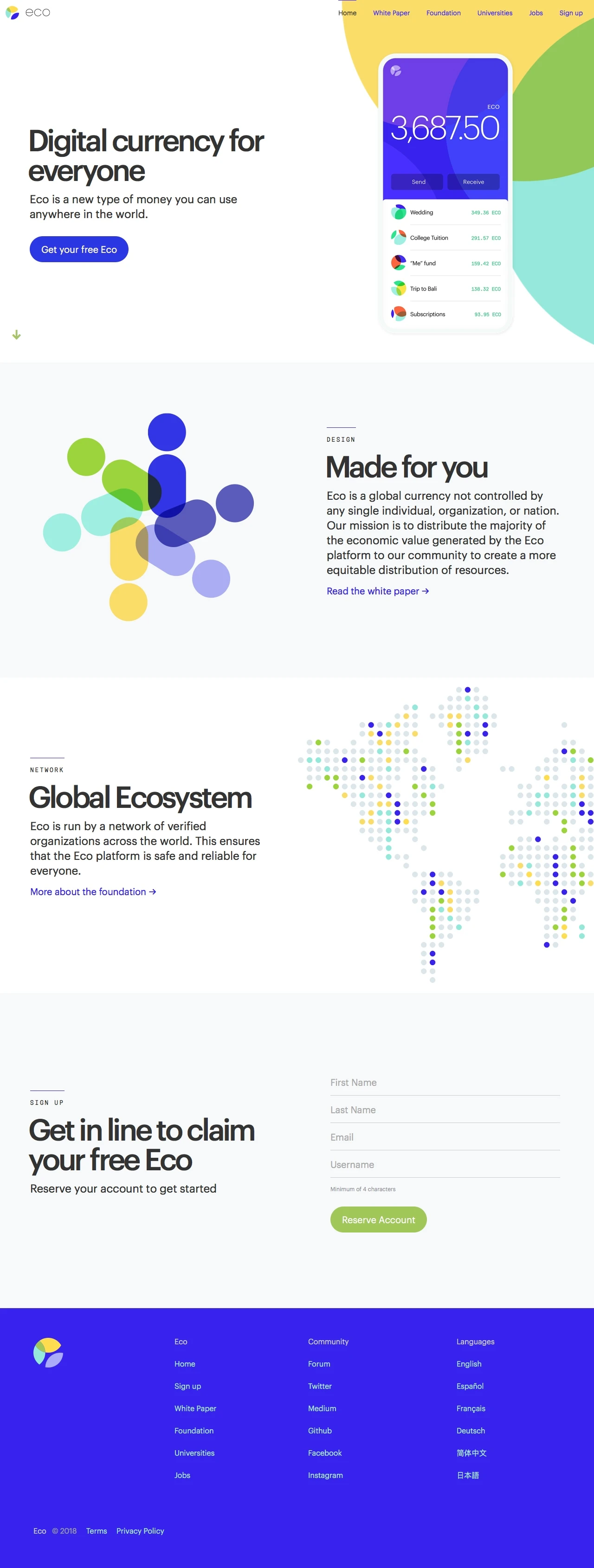 Eco Landing Page Example: Eco is a new type of money you can use anywhere in the world.