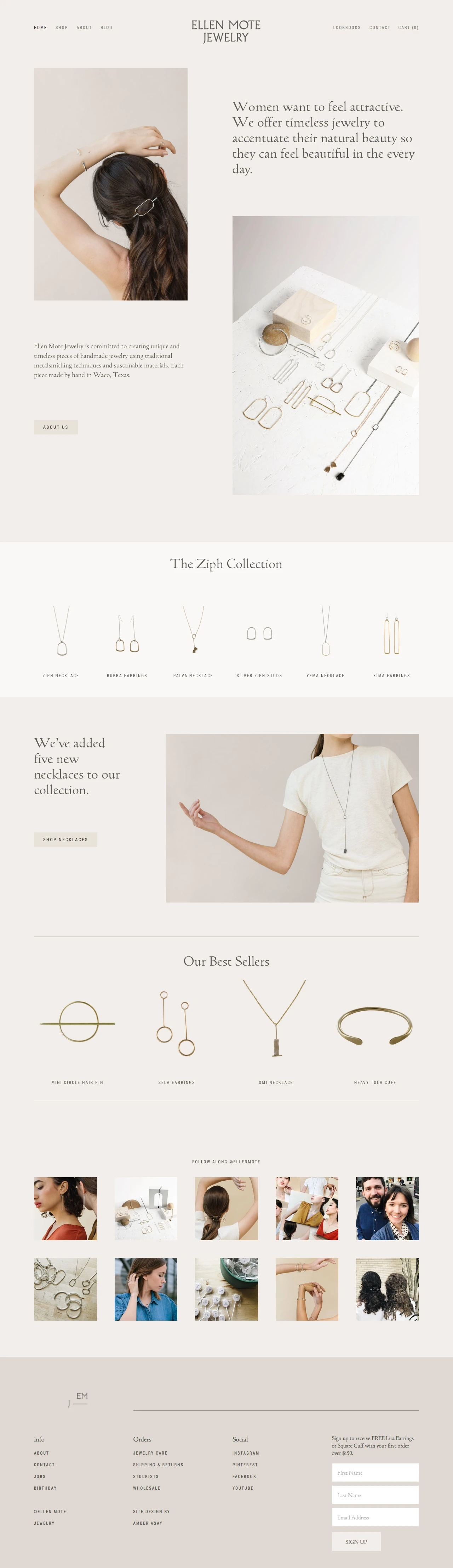 Ellen Mote Jewelry Landing Page Example: Ellen Mote Jewelry is committed to creating unique and timeless pieces of handmade jewelry using traditional metalmsithing techniques and sustainable materials. Each piece made by hand in Waco, Texas.
