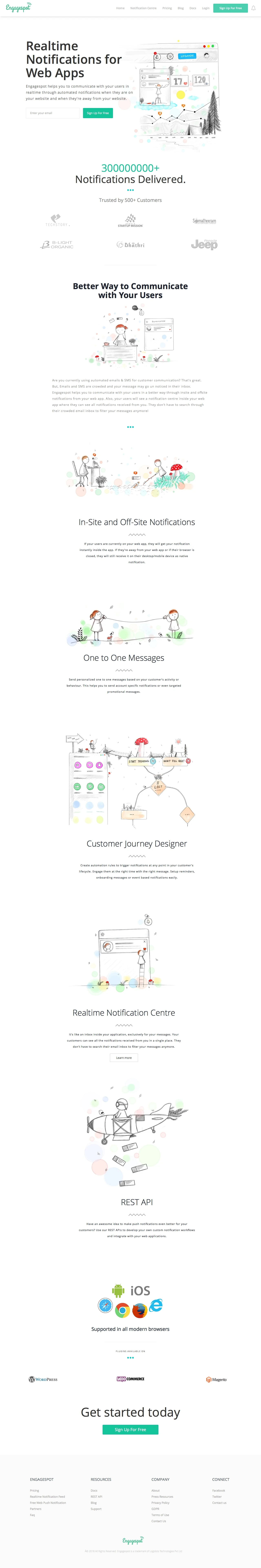Engagespot Landing Page Example: Engagespot helps you to communicate with your users in realtime through automated notifications when they are on your website and when they're away from your website.