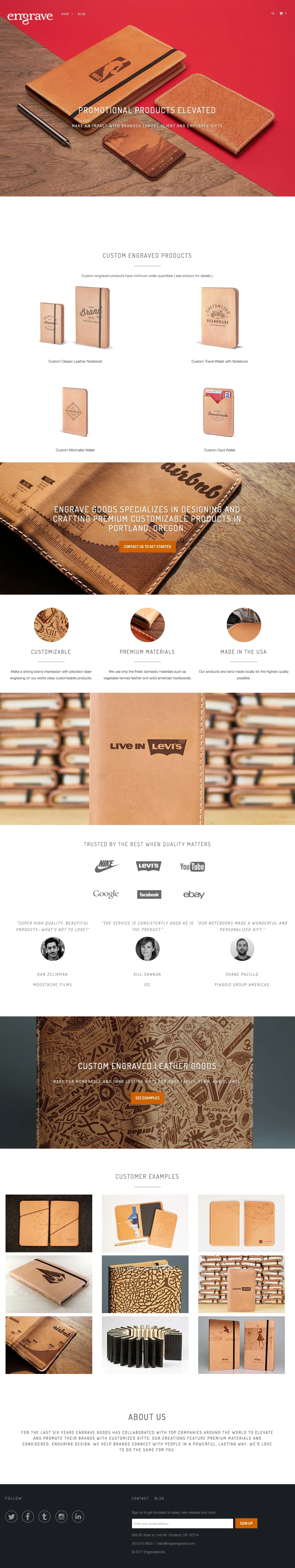 Engravegoods Landing Page Example: Custom engraved leather goods are perfect for luxury client gifts, employee gifts and incentives, corporate events and conference gifts, and investor gifts.