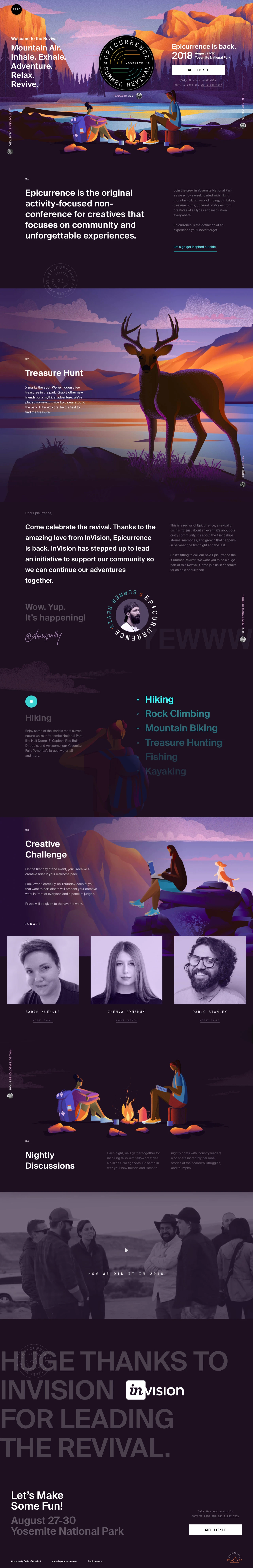 Epicurrence Landing Page Example: Epicurrence is the original activity-focused non-conference for creatives that focuses on community and unforgettable experiences. Join us August 27-30 at Yosemite National Park.