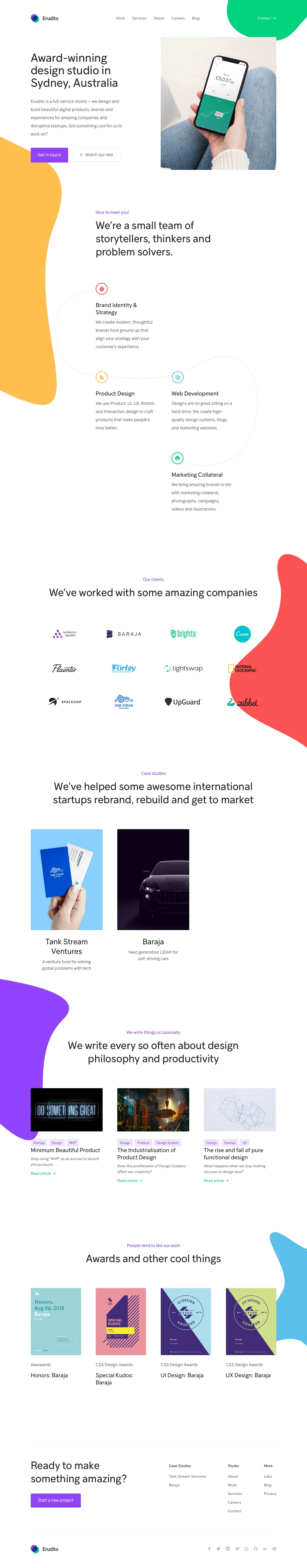 Erudito Landing Page Example: Erudito is a full-service studio — we design and build beautiful digital products, brands and experiences for amazing companies and disruptive startups. Got something cool for us to work on?