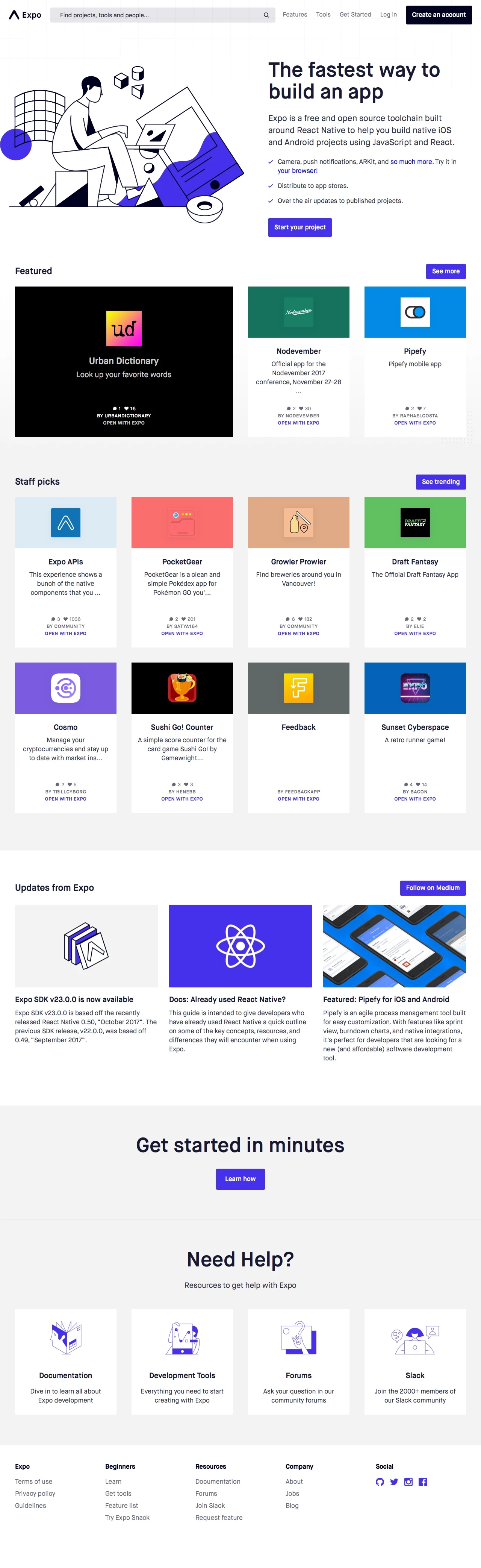 Expo Landing Page Example: Expo is a free and open source toolchain built around React Native to help you build native iOS and Android projects using JavaScript and React.