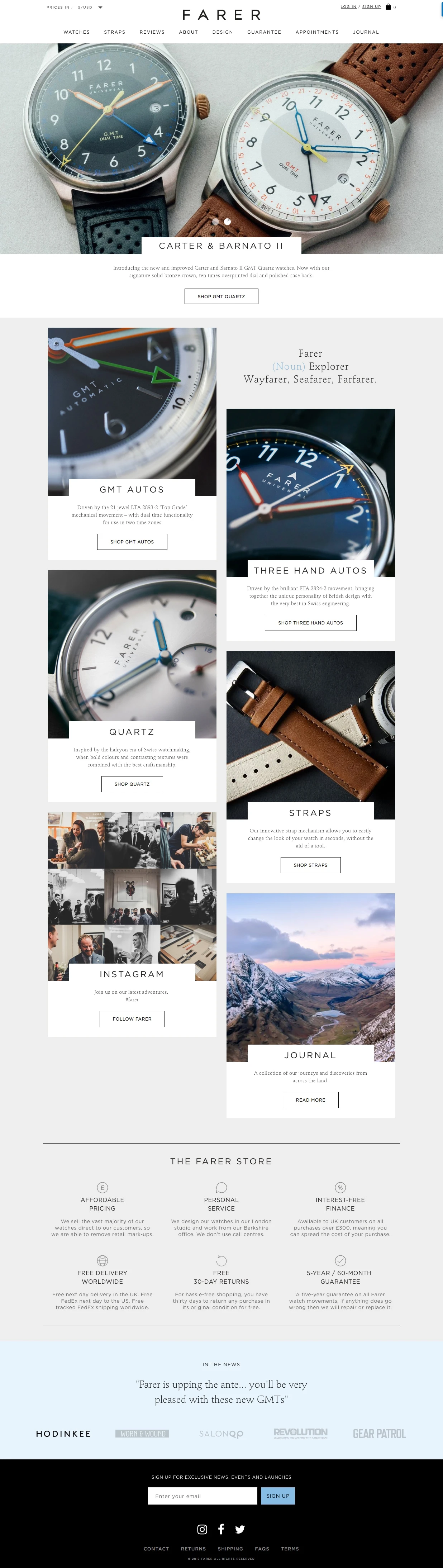 Farer Watches Landing Page Example: For today's free-spirited modern adventurers. Our watches are designed in Britain, handmade in Switzerland and delivered worldwide.