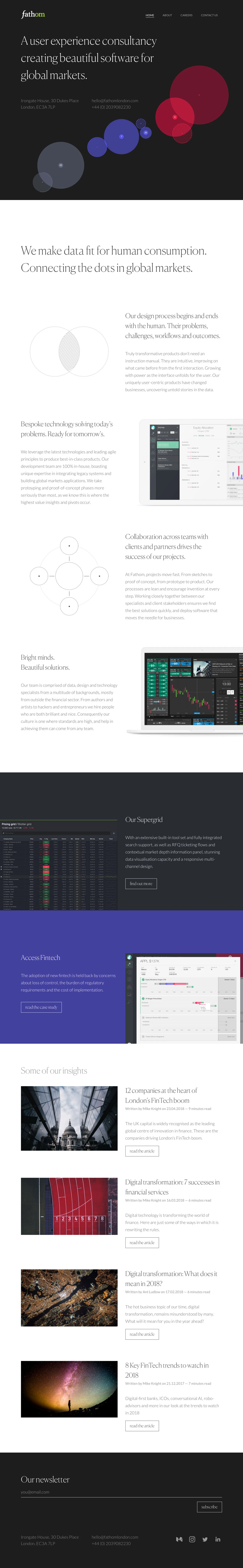 Fathom London Landing Page Example: A user experience consultancy creating beautiful software for global markets.