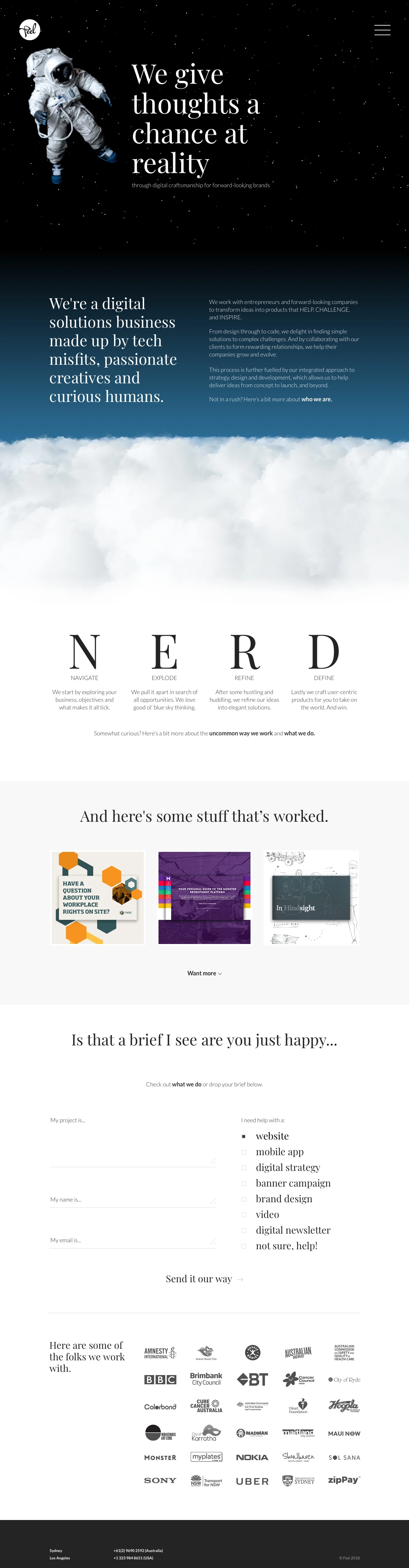Feel Landing Page Example: We're a digital solutions business made up by tech misfits, passionate creatives and curious humans.