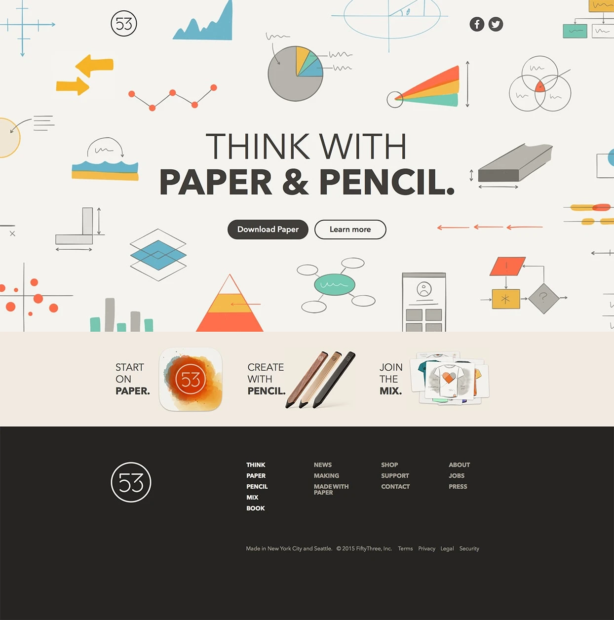 FiftyThree Landing Page Example: FiftyThree builds tools for mobile creation. Our first product, Paper, is the easiest and most beautiful way to create on the iPad and iPhone. FiftyThree is the space to create.
