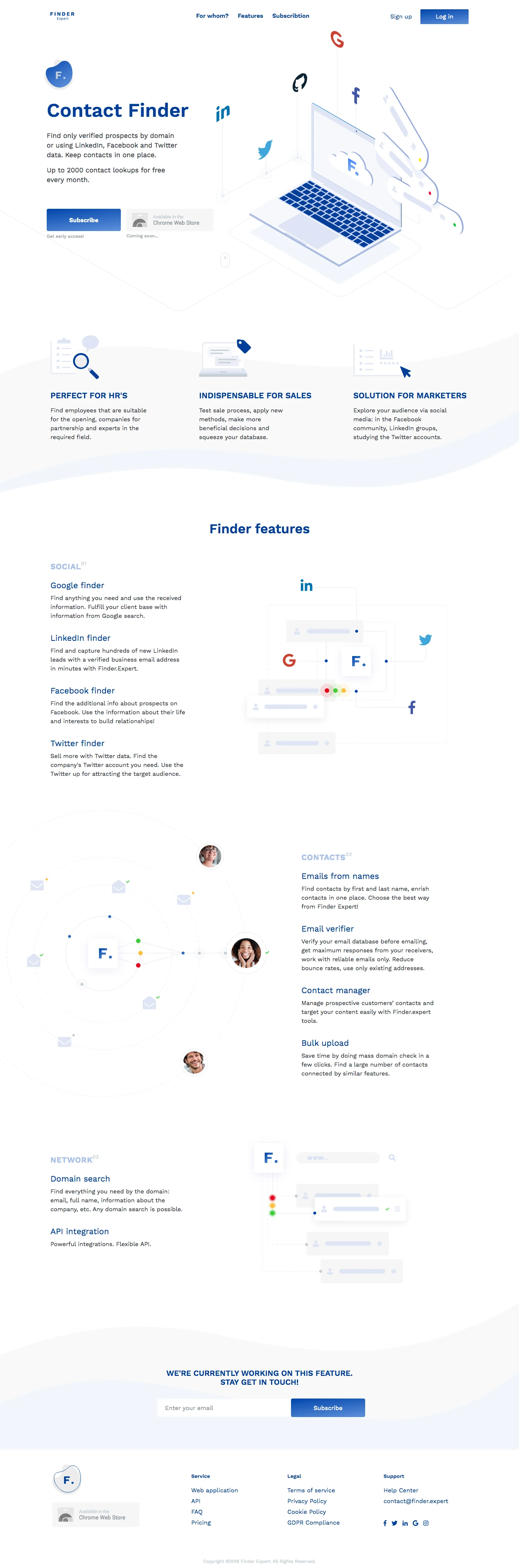 Finder.Expert Landing Page Example: Find only verified prospects by domain or using LinkedIn, Facebook and Twitter data. Keep contacts in one place.