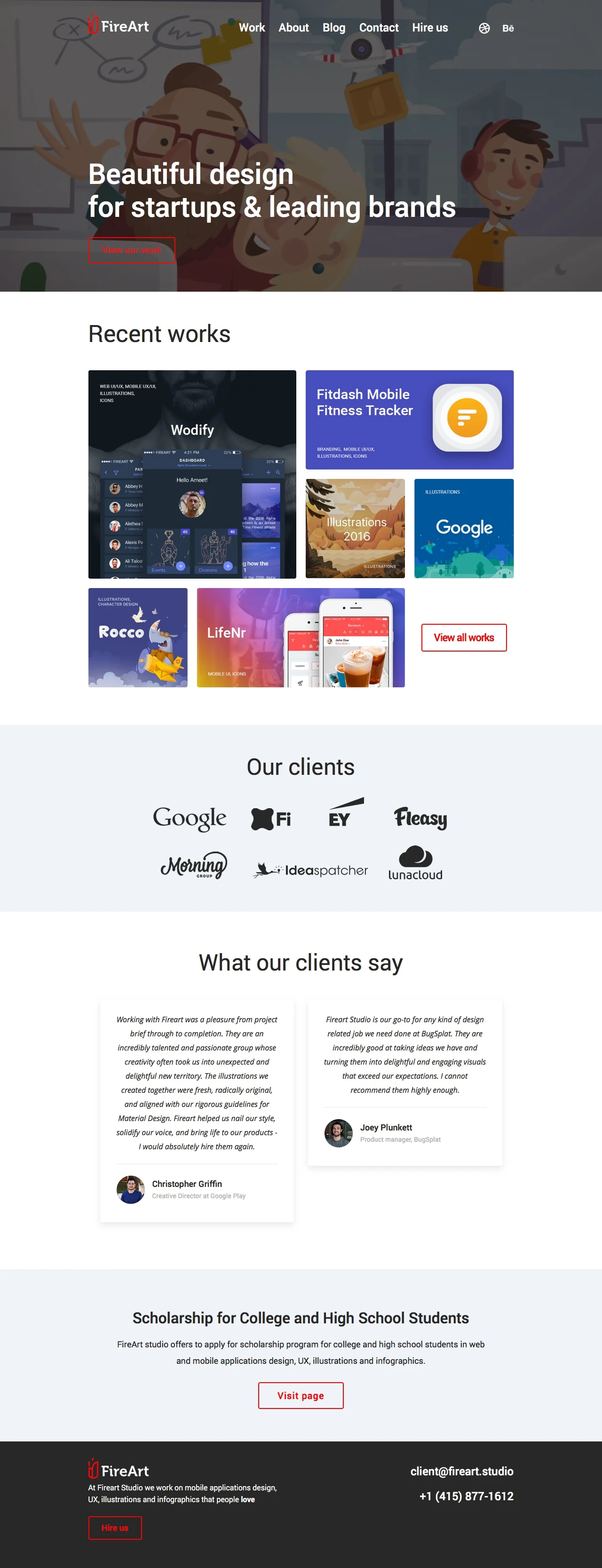 Fireart Landing Page Example: The graphic design studio #1 in the web. We are one of the leaders in creating of ui and ux design. Our portfolio contains hundreds of the successful projects around the world. Contact us to get the web and graphic design.