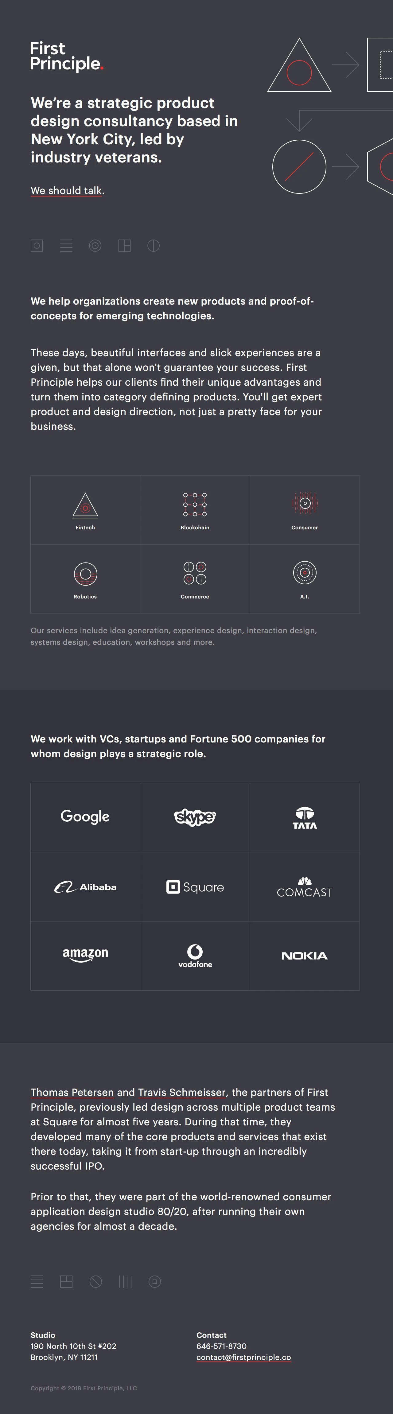 First Principle Landing Page Example: We’re a strategic product design consultancy based in New York City, led by industry veterans.