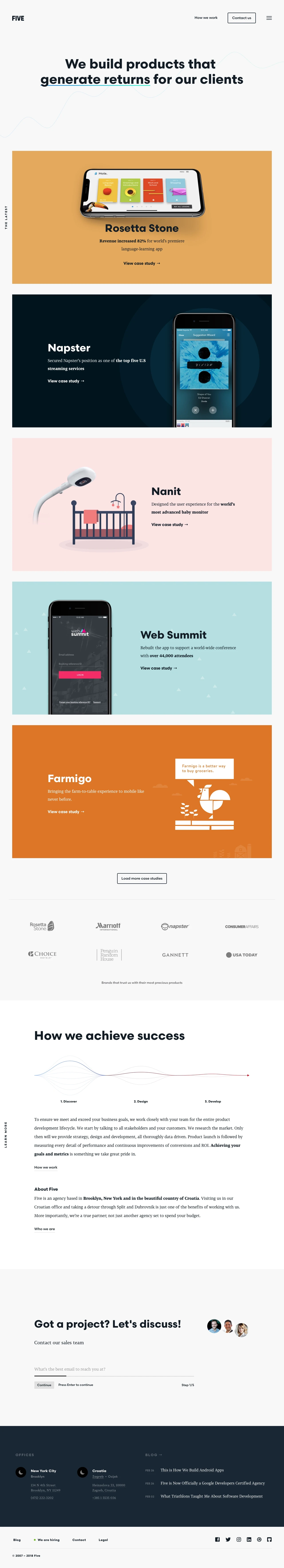 Five Landing Page Example: Five is a mobile design & development agency with a strong presence in New York. We help big brands build and execute their mobile strategy and products.