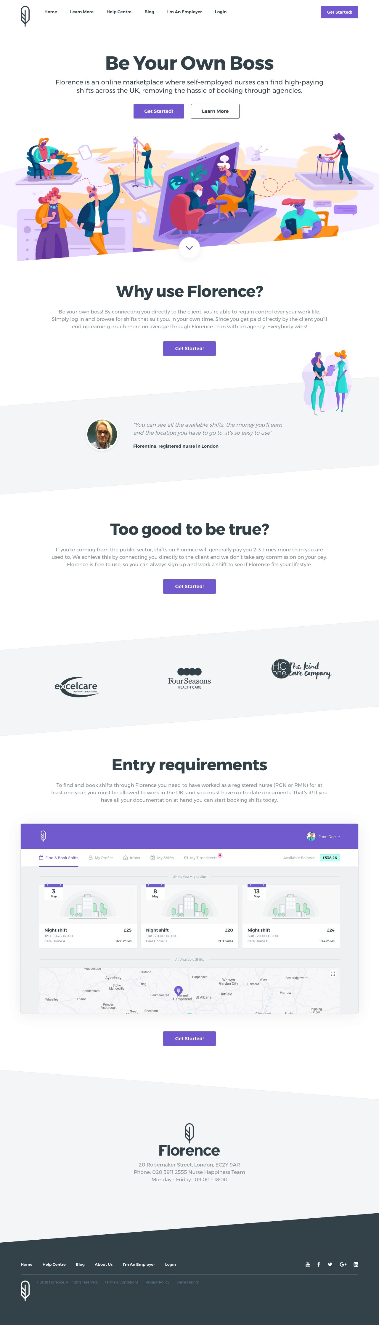 Florence Landing Page Example: Florence is an online marketplace where self-employed nurses can find high-paying shifts across the UK, removing the hassle of booking through agencies.
