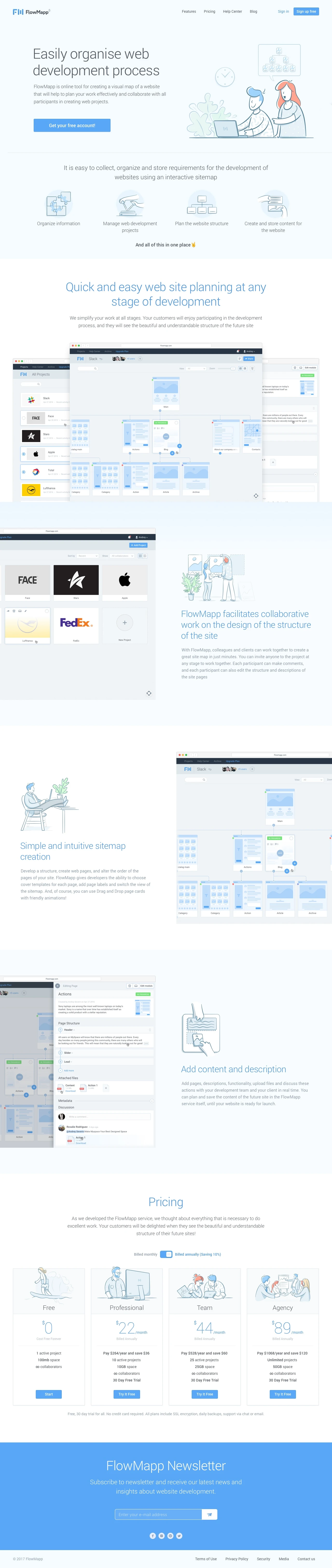 FlowMapp Landing Page Example: FlowMapp is online tool for creating a visual map of a website that will help to plan your work effectively and collaborate with all participants in creating web projects.