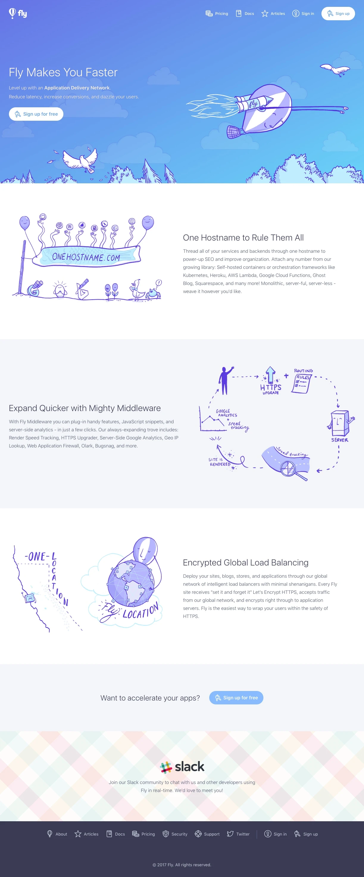 Fly Landing Page Example: Fly Makes You Faster. Level up with an Application Delivery Network. Reduce latency, increase conversions, and dazzle your users.