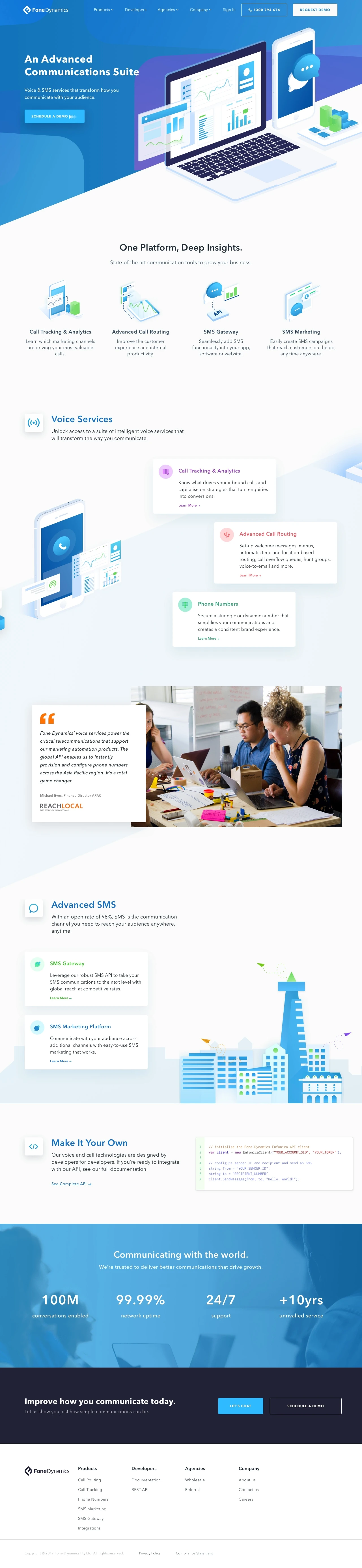 Fone Dynamics Landing Page Example: Voice & SMS services that transform how you communicate with your audience.