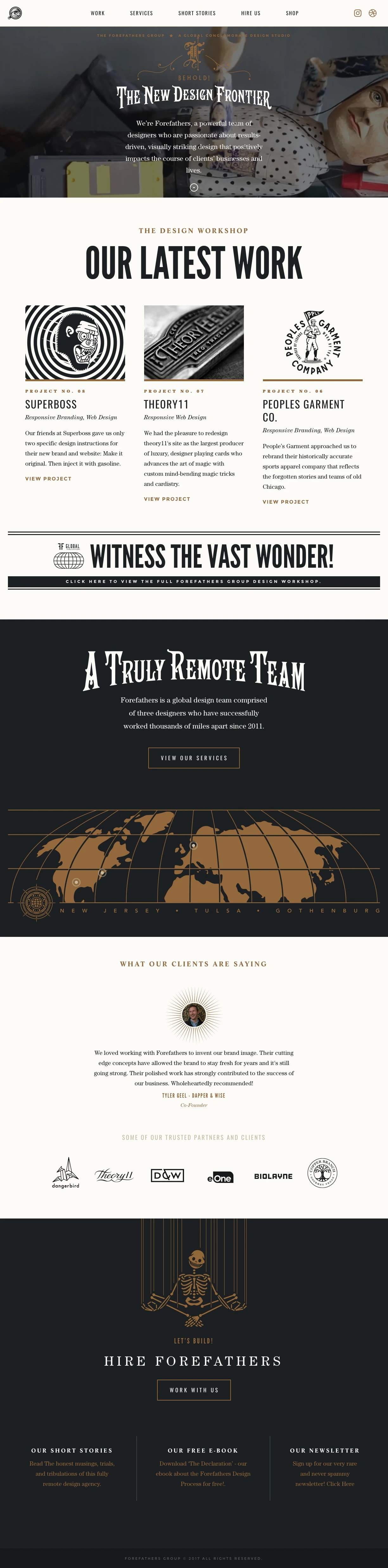Forefathers Landing Page Example: We’re Forefathers, a powerful team of designers who are passionate about results-driven, visually striking design that positively impacts the course of clients’ businesses and lives.