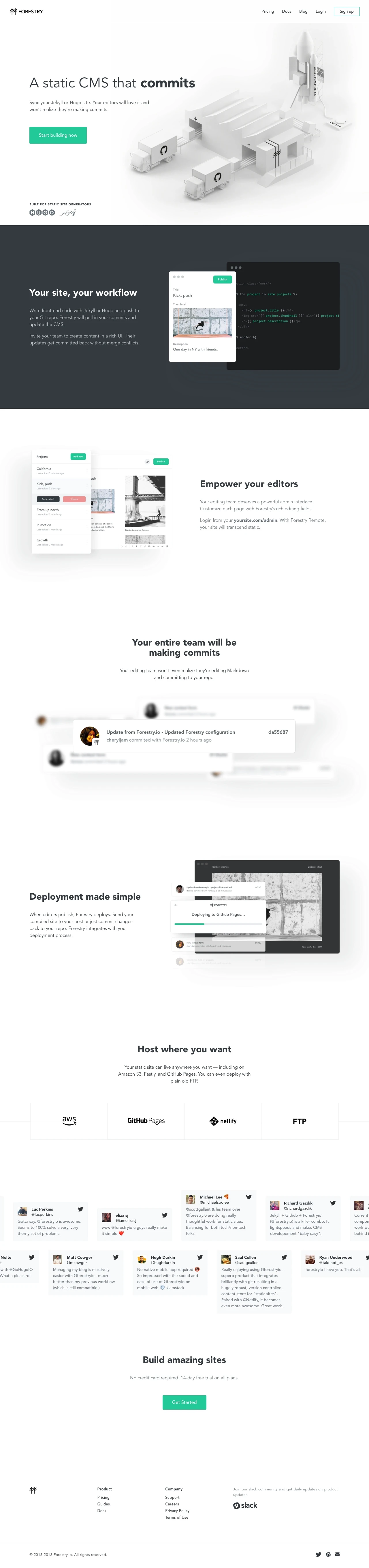 Forestry Landing Page Example: Sync your Jekyll or Hugo site. Your editors will love it and won’t realize they’re making commits.