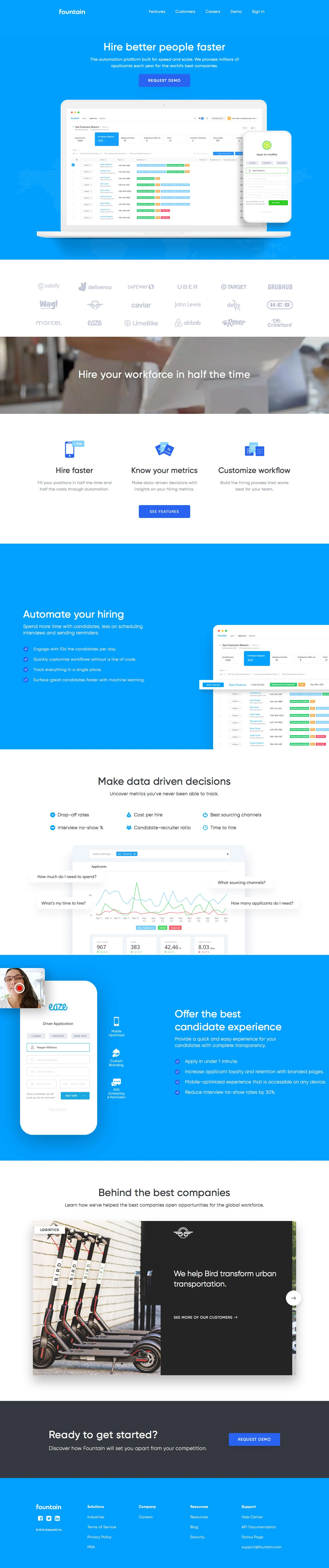 Fountain Landing Page Example: The automation platform built for speed and scale. We process millions of applicants each year for the world's best companies.